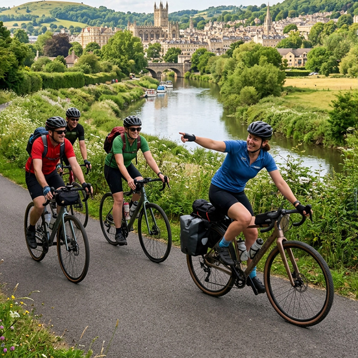 4 cyclists near bath, somerset with cycling helmets and ruck sacks