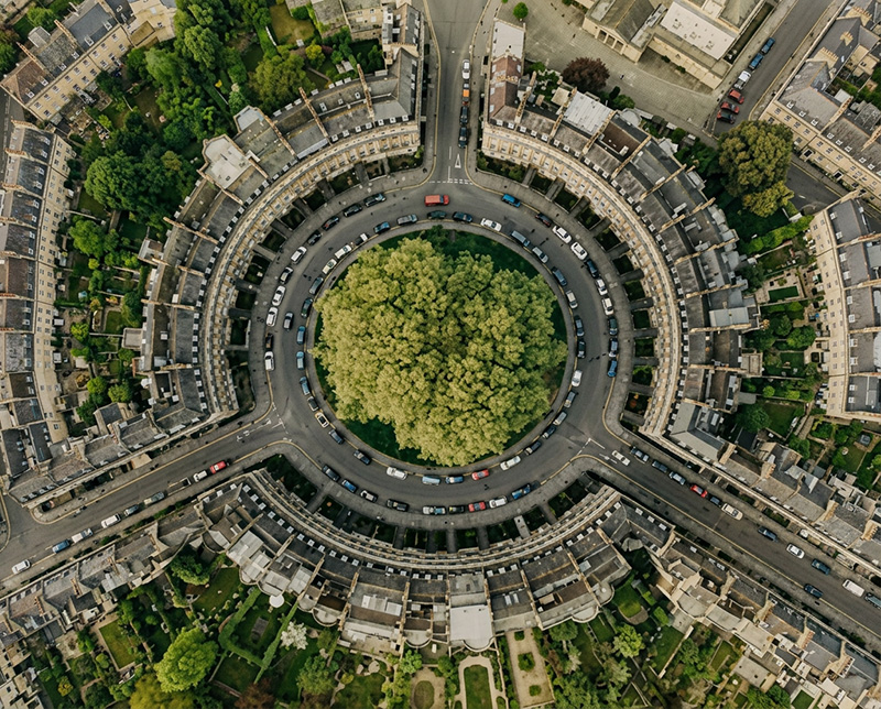 a birds eye shot of The Circus in Bath, Somerset