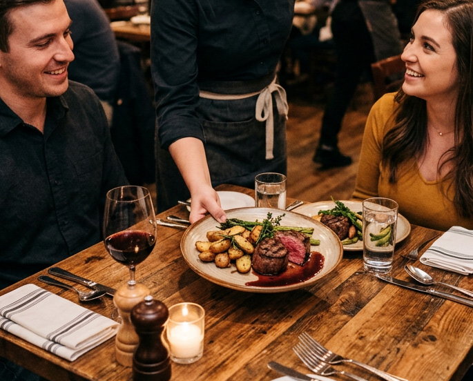 A waitress is serving a british beef roast dinner at a restaurant to a happy couple